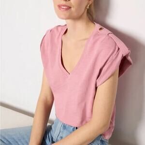 Nation LTD Cooper V Neck Pima Cotton Peated Shoulder Tee Shirt Pink Medium